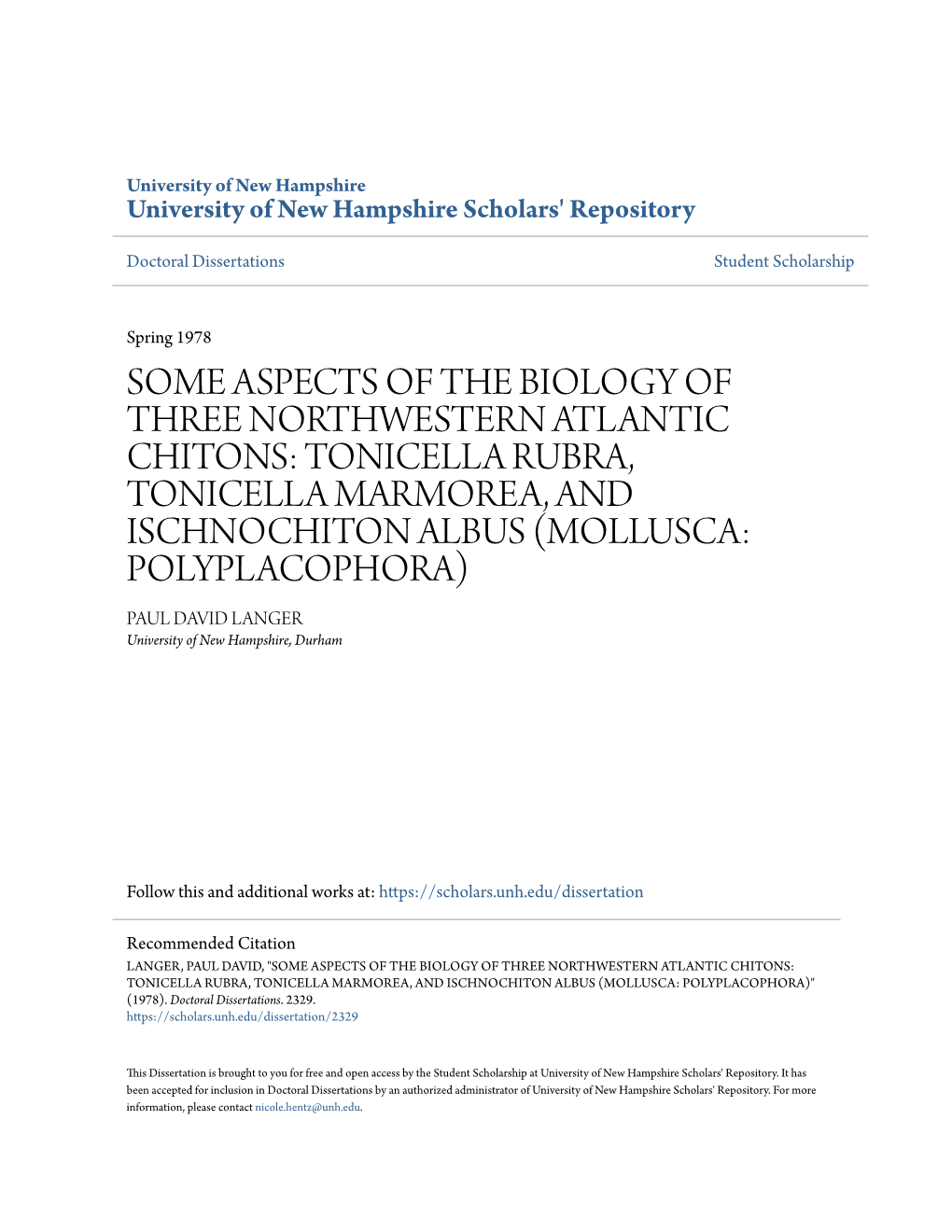 Some Aspects of the Biology of Three Northwestern Atlantic Chitons