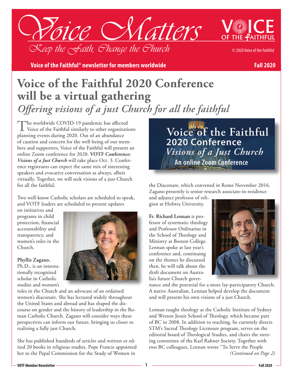 Fall 2020 Voice of the Faithful 2020 Conference Will Be a Virtual Gathering Offering Visions of a Just Church for All the Faithful