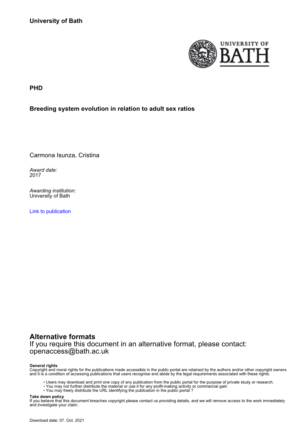 Thesis Submitted for the Degree of Doctor of Philosophy University of Bath Department of Biology and Biochemistry