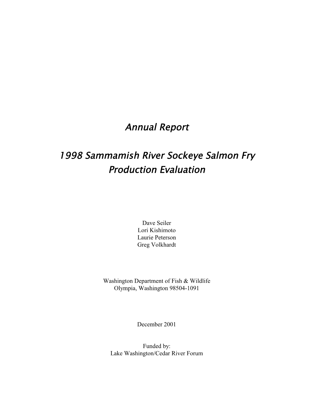 Annual Report 1998 Sammamish River Sockeye Salmon Fry