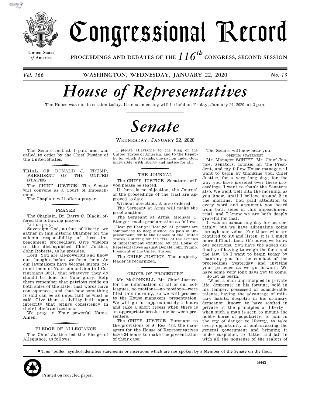 Congressional Record United States Th of America PROCEEDINGS and DEBATES of the 116 CONGRESS, SECOND SESSION