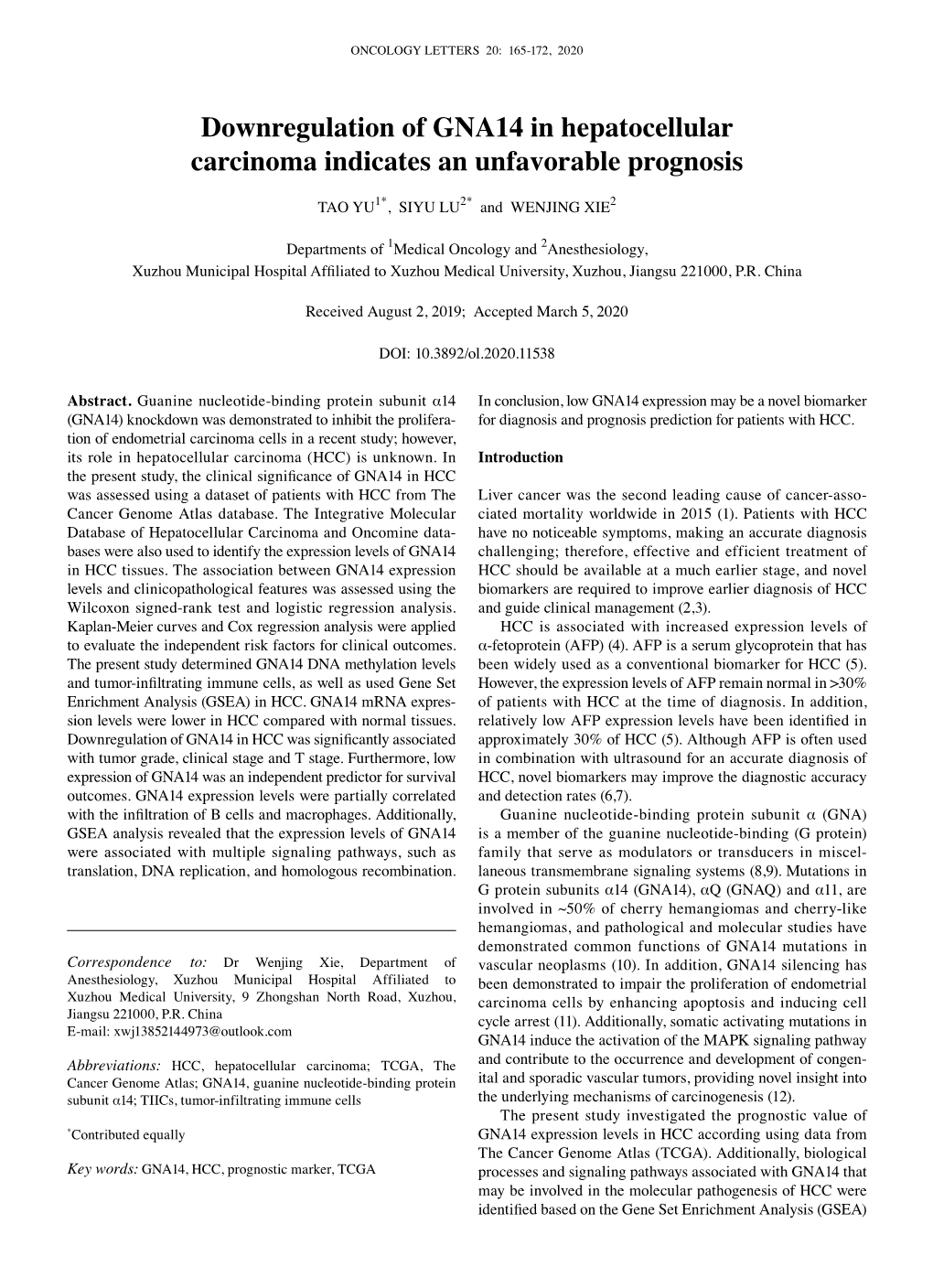 Downregulation of GNA14 in Hepatocellular Carcinoma Indicates an Unfavorable Prognosis