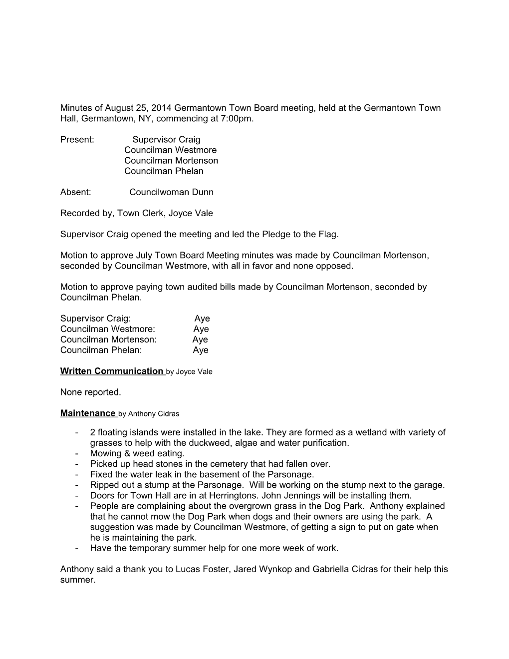 Minutes of August 25, 2014 Germantown Town Board Meeting, Held at the Germantown Town Hall