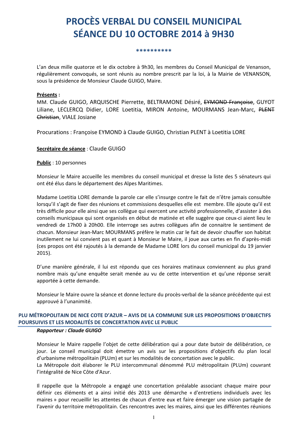 Procès Verbal Du Conseil Municipal Séance Du 10 Octobre 2014 À 9H30