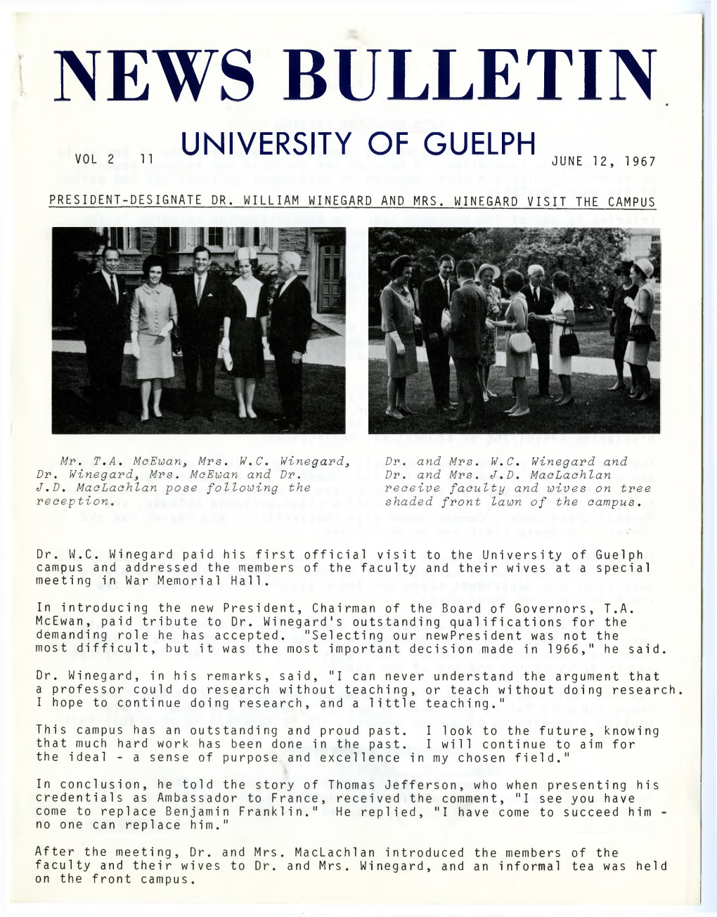 News Bulletin University of Guelph Vol 11 23 June 12, 1967