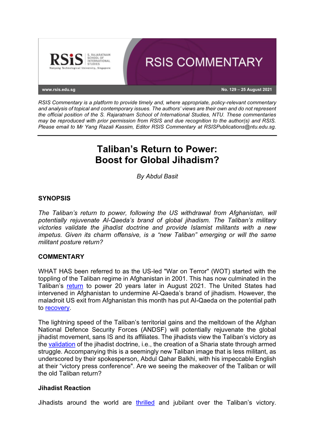 Taliban's Return to Power: Boost for Global Jihadism?