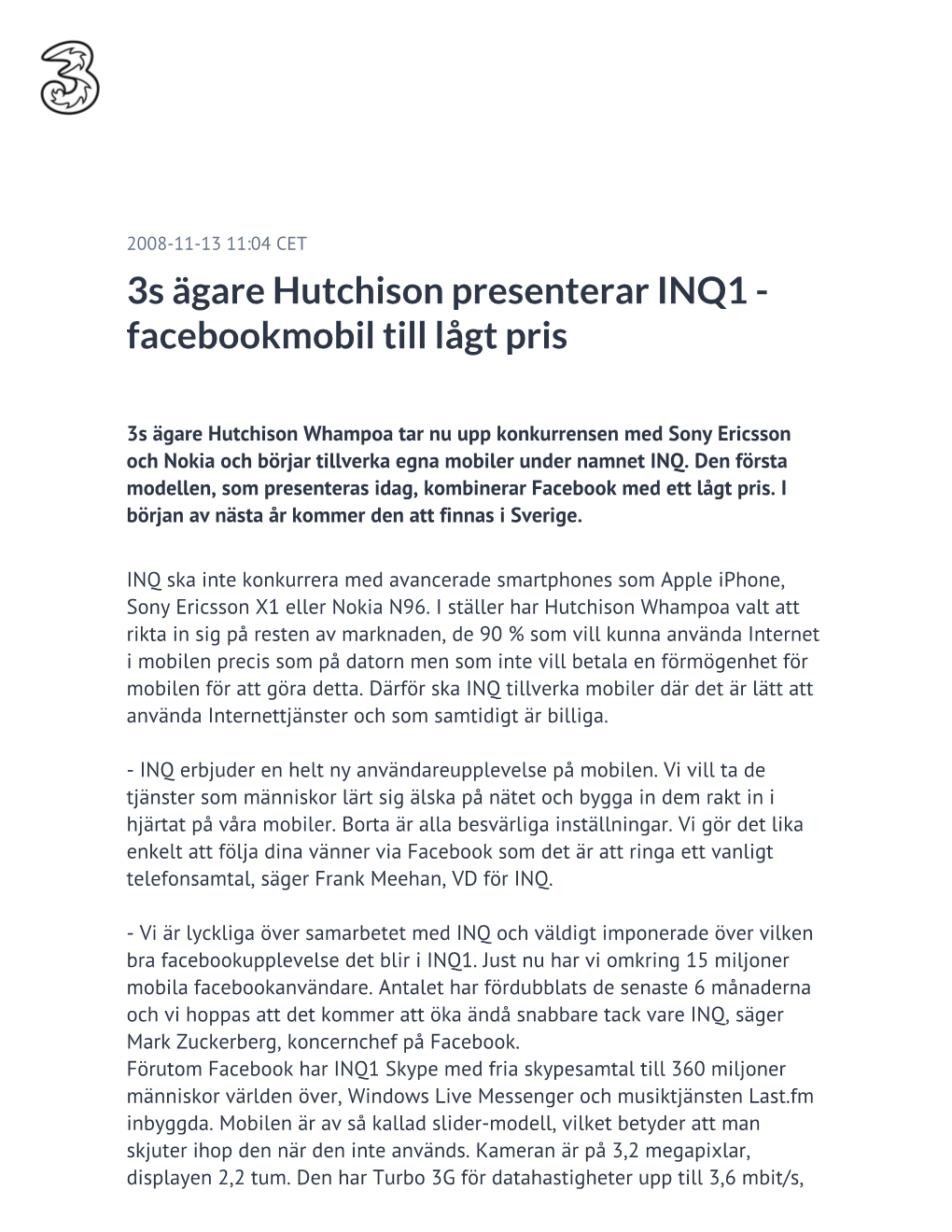 3S Ägare Hutchison Presenterar INQ1 - Facebookmobil Till Lågt Pris