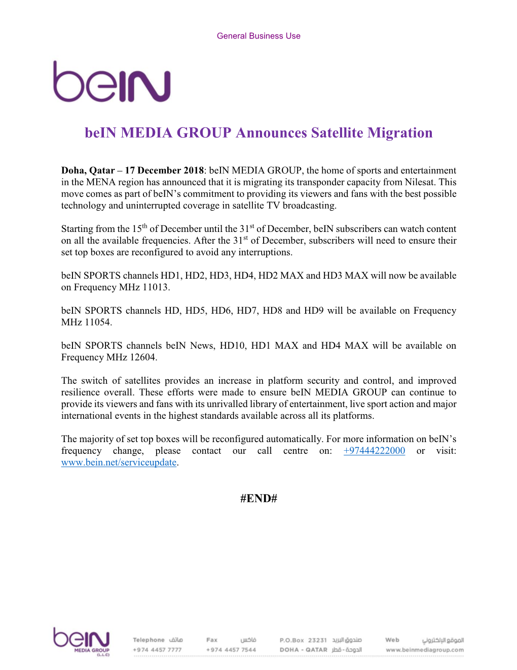 Bein MEDIA GROUP Announces Satellite Migration