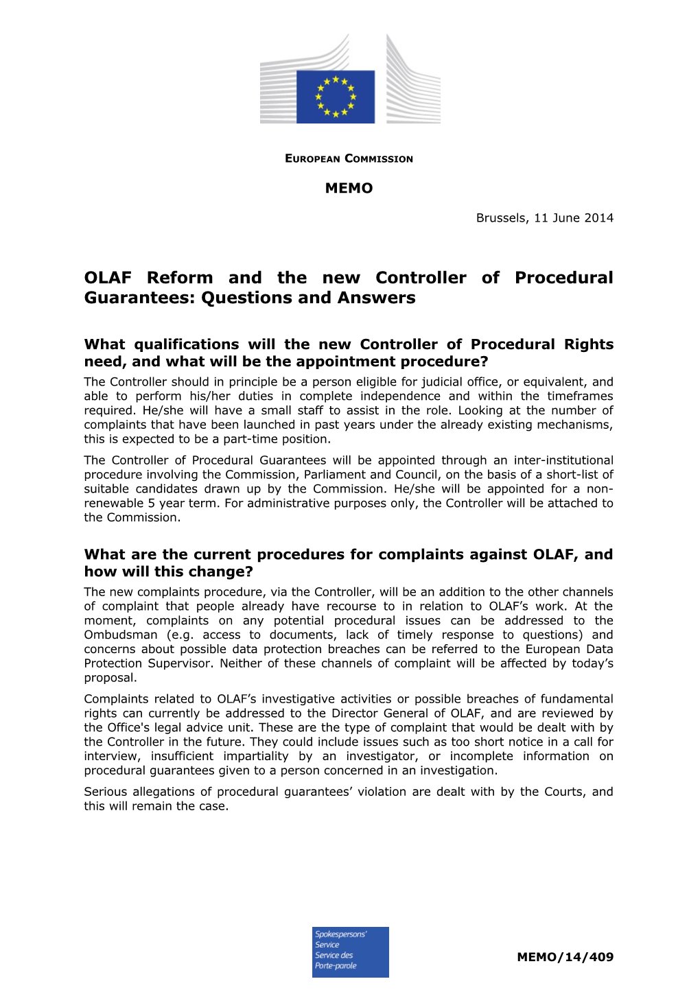OLAF Reform and the New Controller of Procedural Guarantees: Questions and Answers