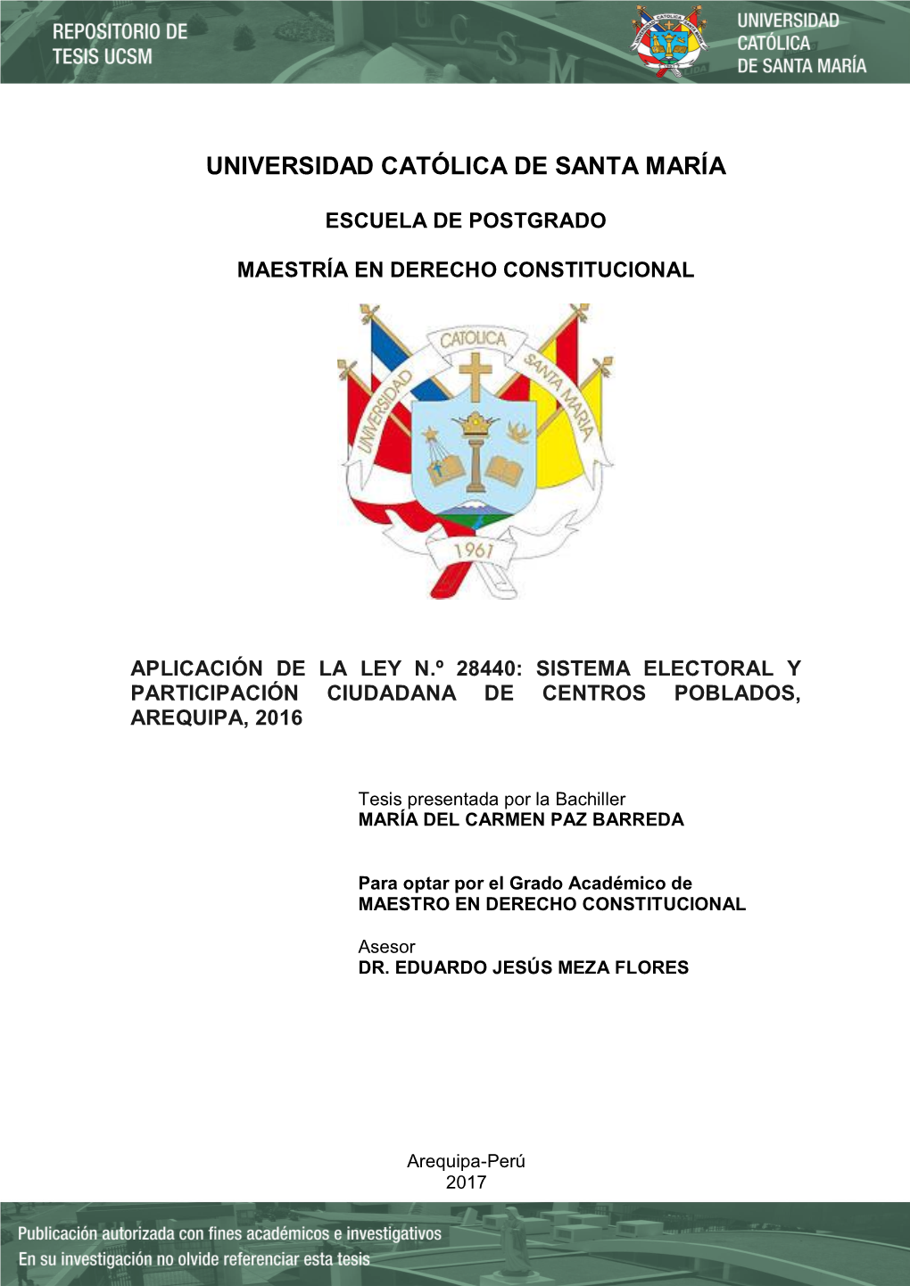 Aplicación De La Ley N.º 28440: Sistema Electoral Y Participación Ciudadana De Centros Poblados, Arequipa, 2016