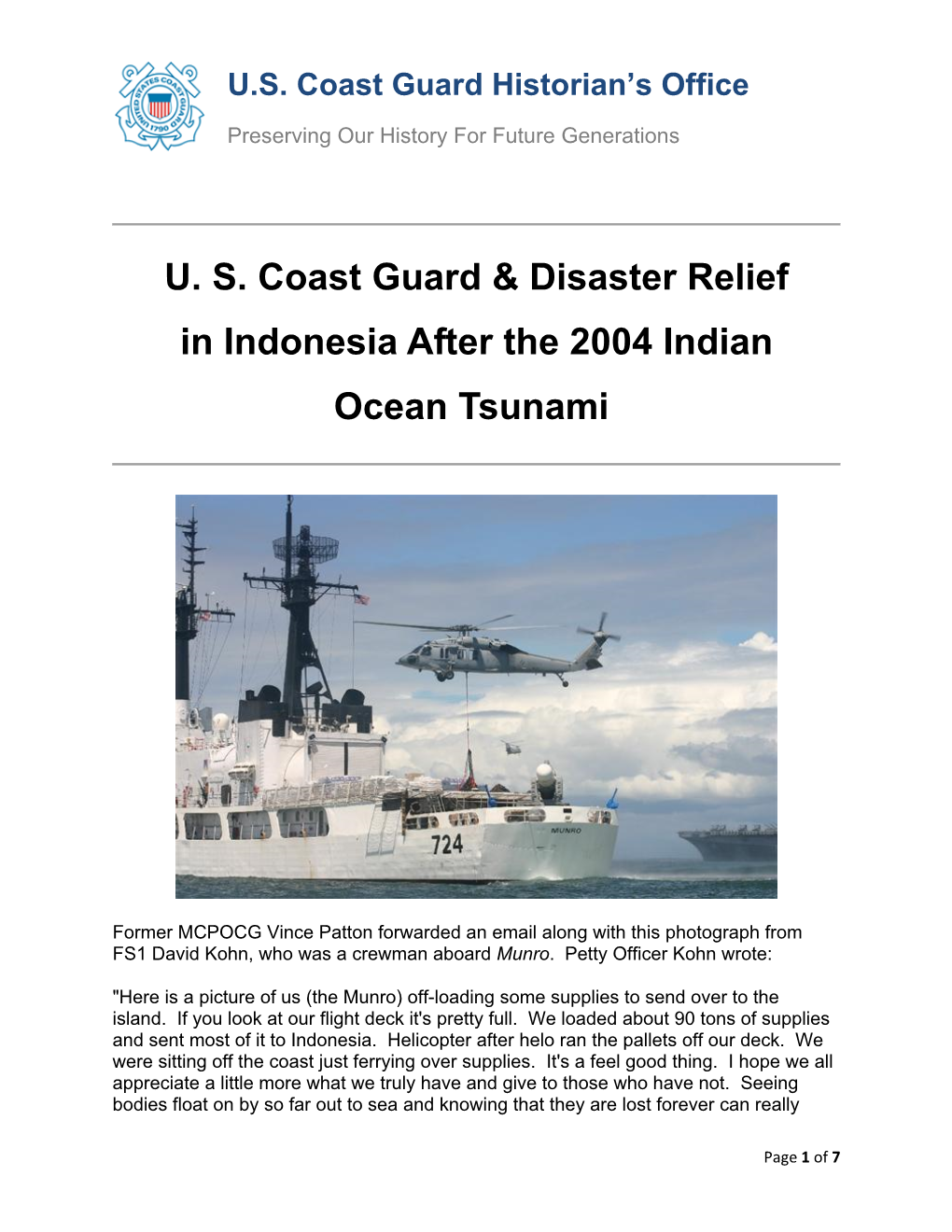 U. S. Coast Guard & Disaster Relief in Indonesia After the 2004 Indian