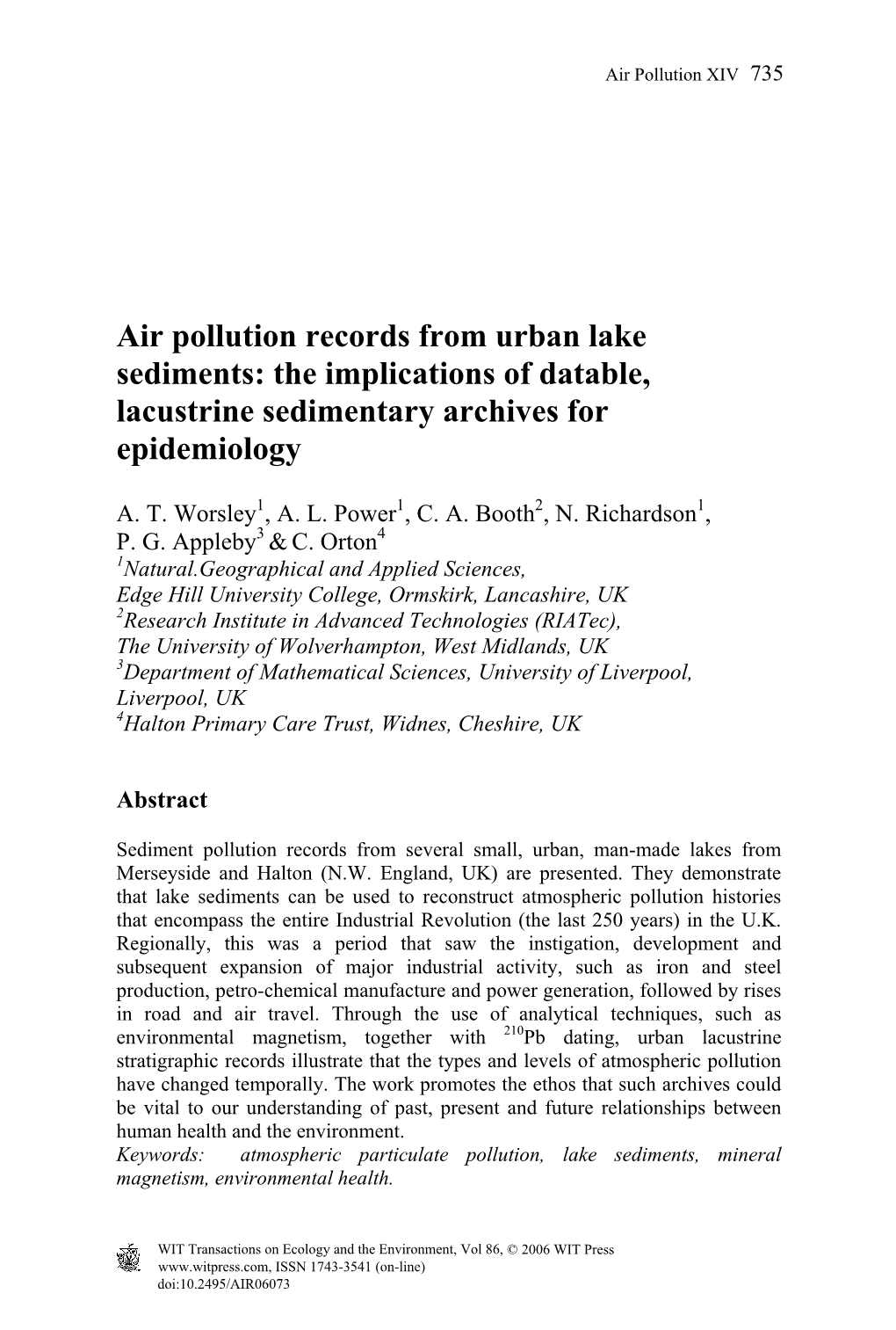 Air Pollution Records from Urban Lake Sediments: the Implications of Datable, Lacustrine Sedimentary Archives for Epidemiology