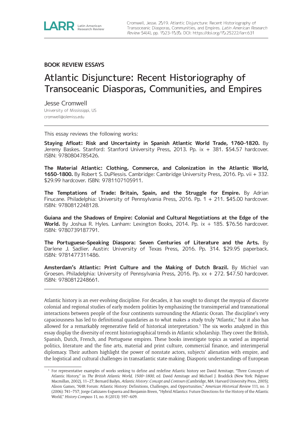 Atlantic Disjuncture: Recent Historiography of Transoceanic Diasporas, Communities, and Empires