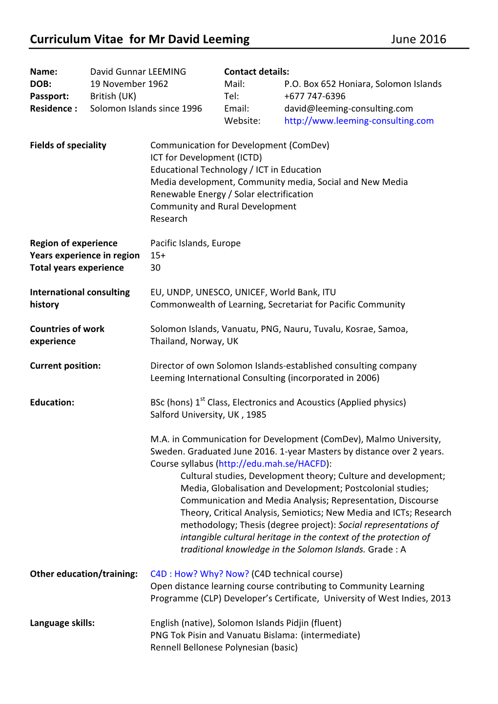 Curriculum Vitae for Mr David Leeming June 2016