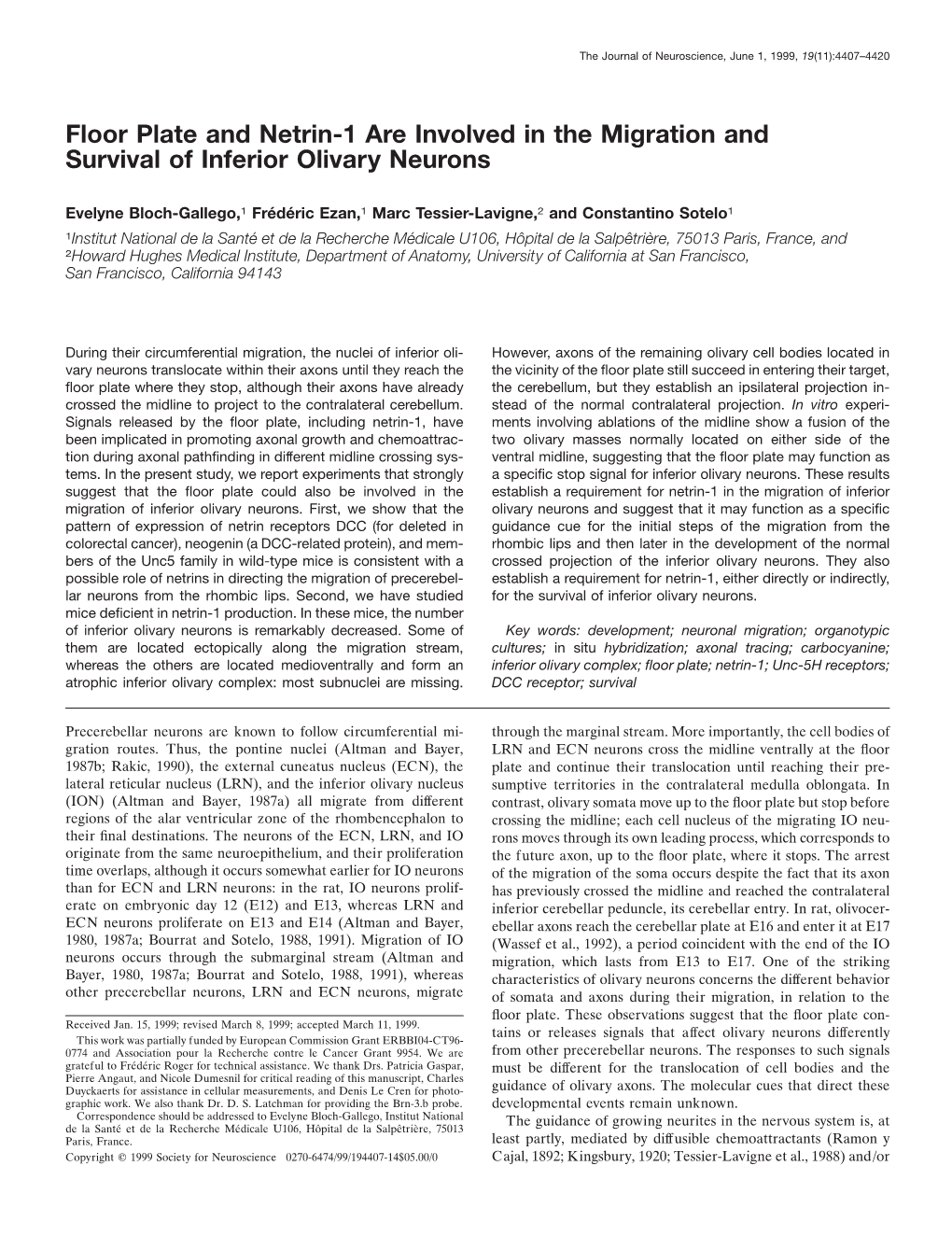 Floor Plate and Netrin-1 Are Involved in the Migration and Survival of Inferior Olivary Neurons