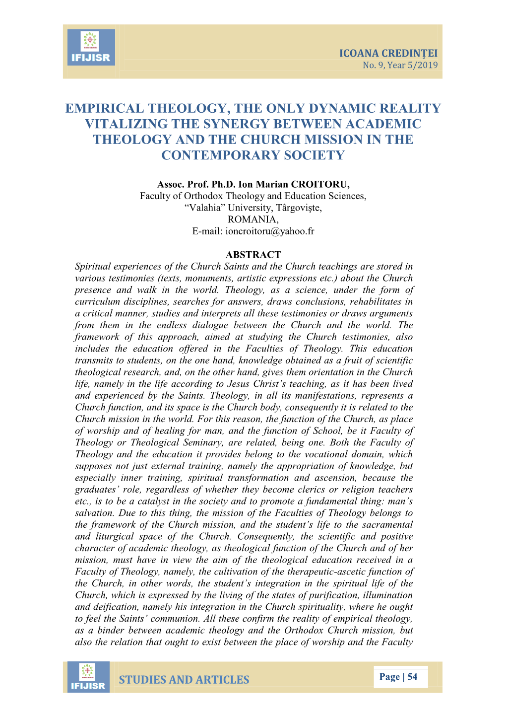 Empirical Theology, the Only Dynamic Reality Vitalizing the Synergy Between Academic Theology and the Church Mission in the Contemporary Society