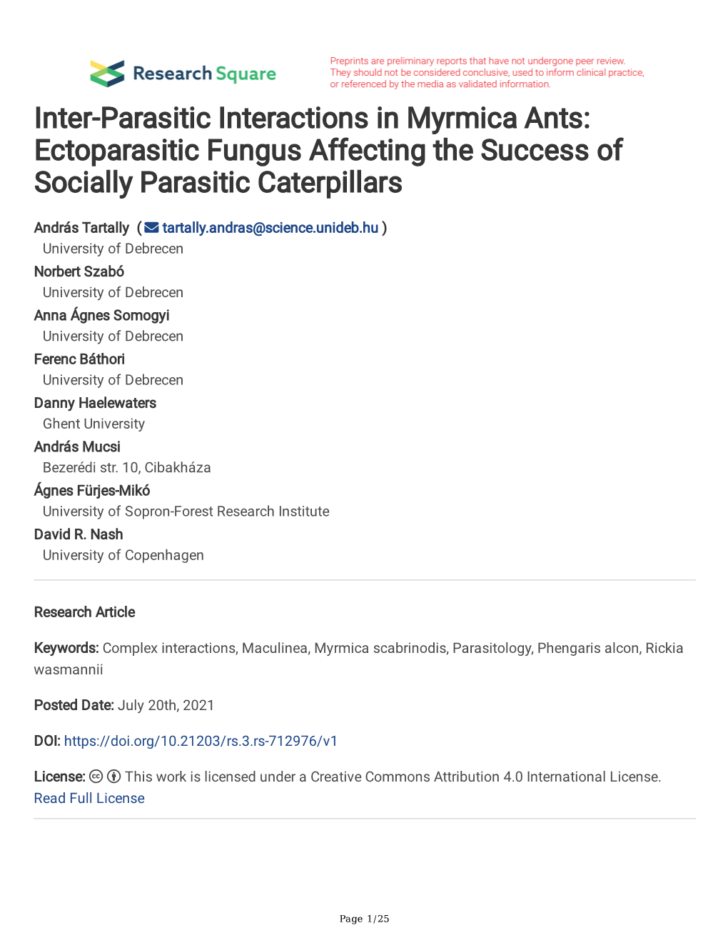 Inter-Parasitic Interactions in Myrmica Ants: Ectoparasitic Fungus Affecting the Success of Socially Parasitic Caterpillars