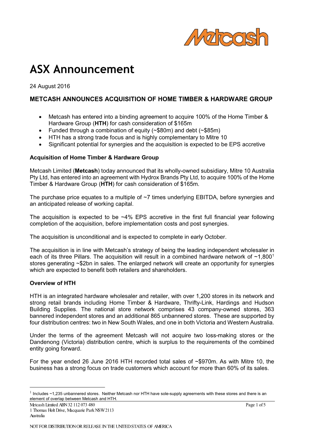 Draft ASX Announcement (On Signing) (Trading Halt Wording)