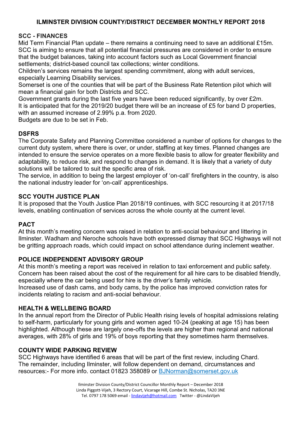 Ilminster Division County/District December Monthly Report 2018