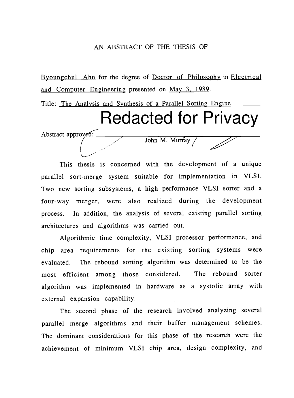 The Analysis and Synthesis of a Parallel Sorting Engine Redacted for Privacy Abstract Approv, John M