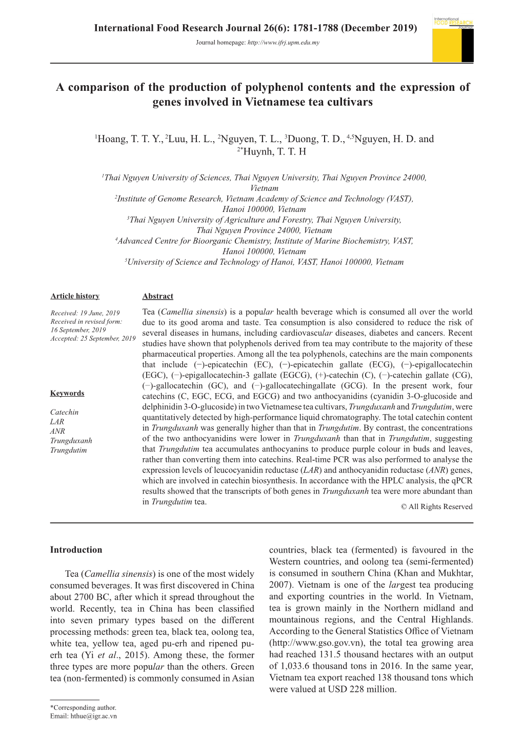 A Comparison of the Production of Polyphenol Contents and the Expression of Genes Involved in Vietnamese Tea Cultivars