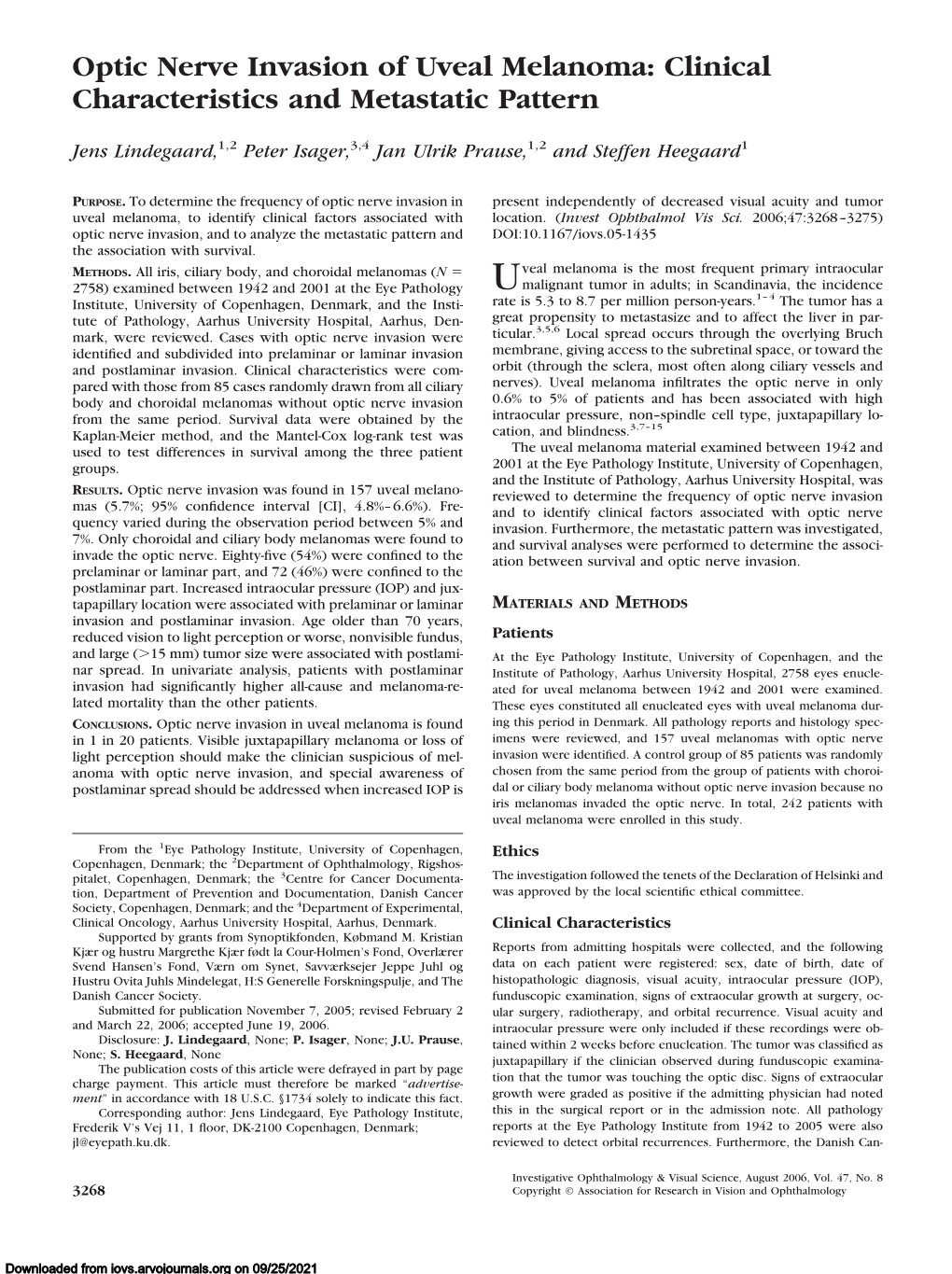 Optic Nerve Invasion of Uveal Melanoma: Clinical Characteristics and Metastatic Pattern