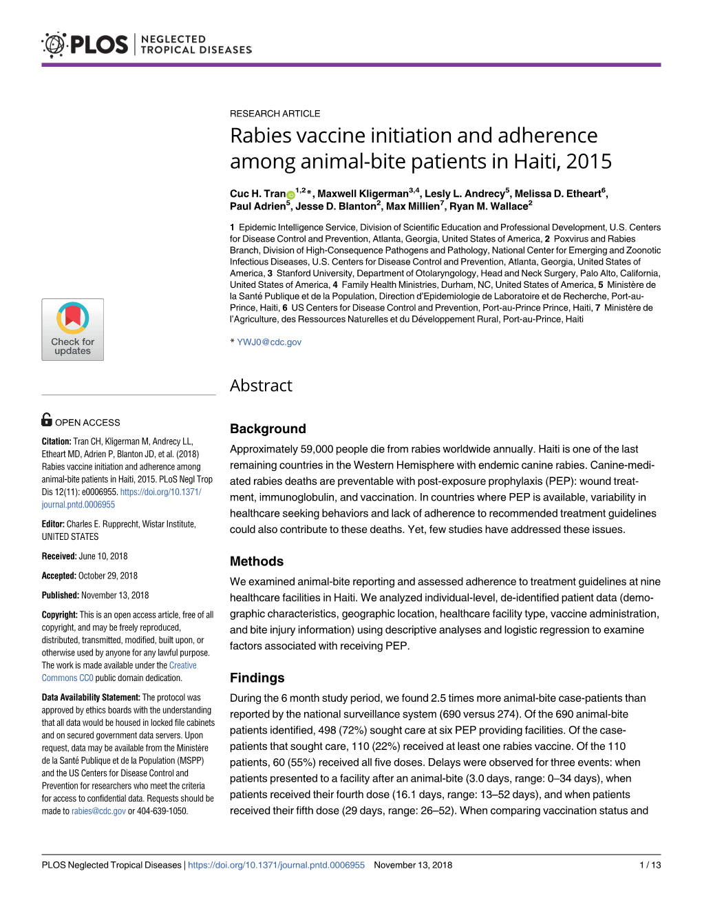 Rabies Vaccine Initiation and Adherence Among Animal-Bite Patients in Haiti, 2015