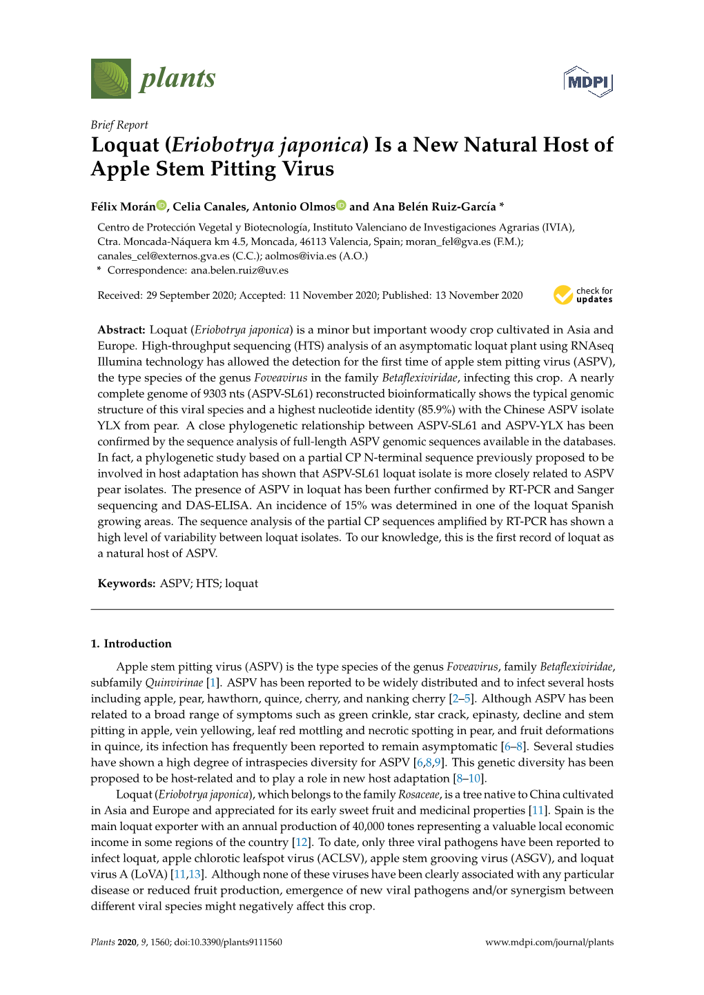 Loquat (Eriobotrya Japonica) Is a New Natural Host of Apple Stem Pitting Virus