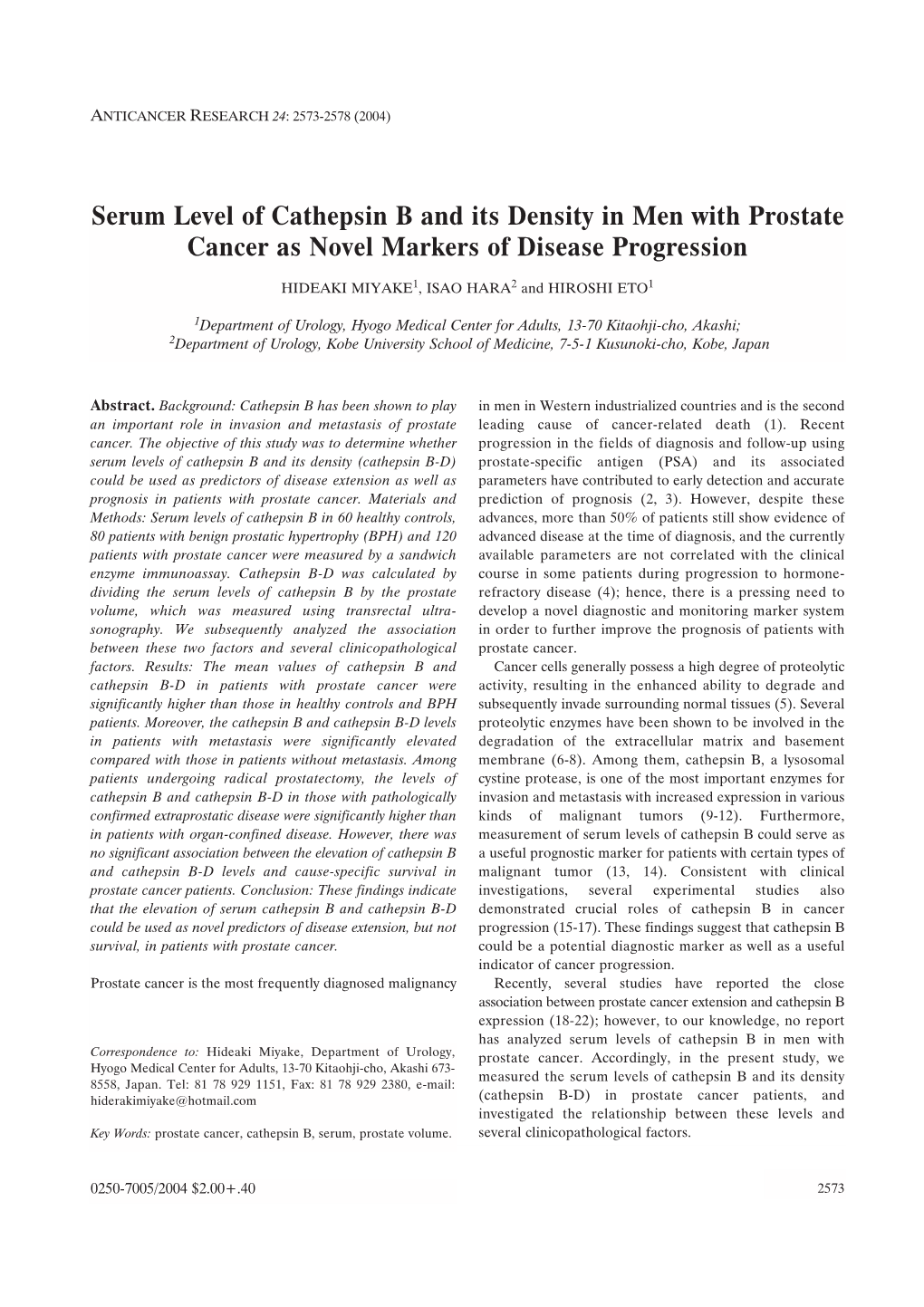 Serum Level of Cathepsin B and Its Density in Men with Prostate Cancer As Novel Markers of Disease Progression