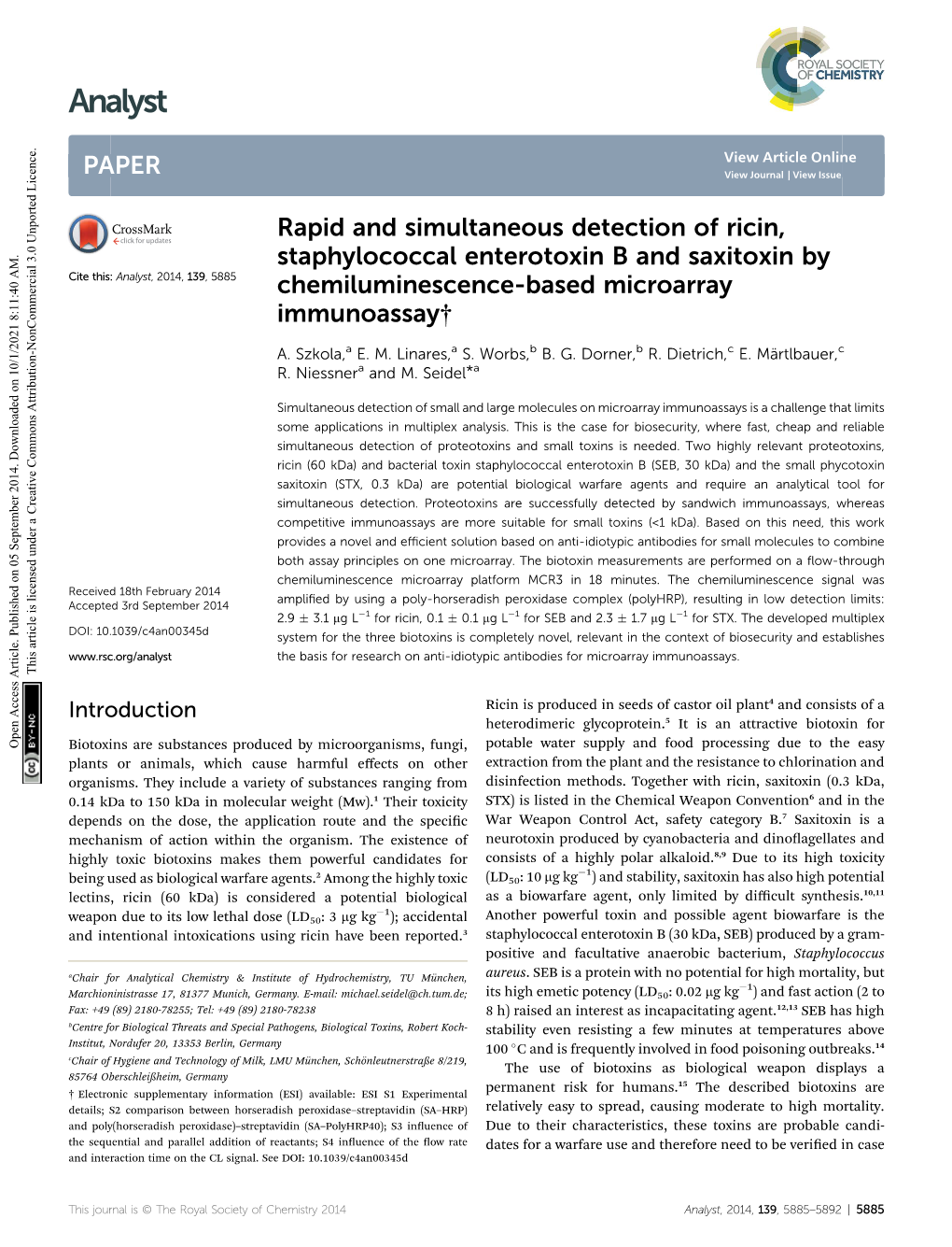 Rapid and Simultaneous Detection of Ricin, Staphylococcal Enterotoxin B