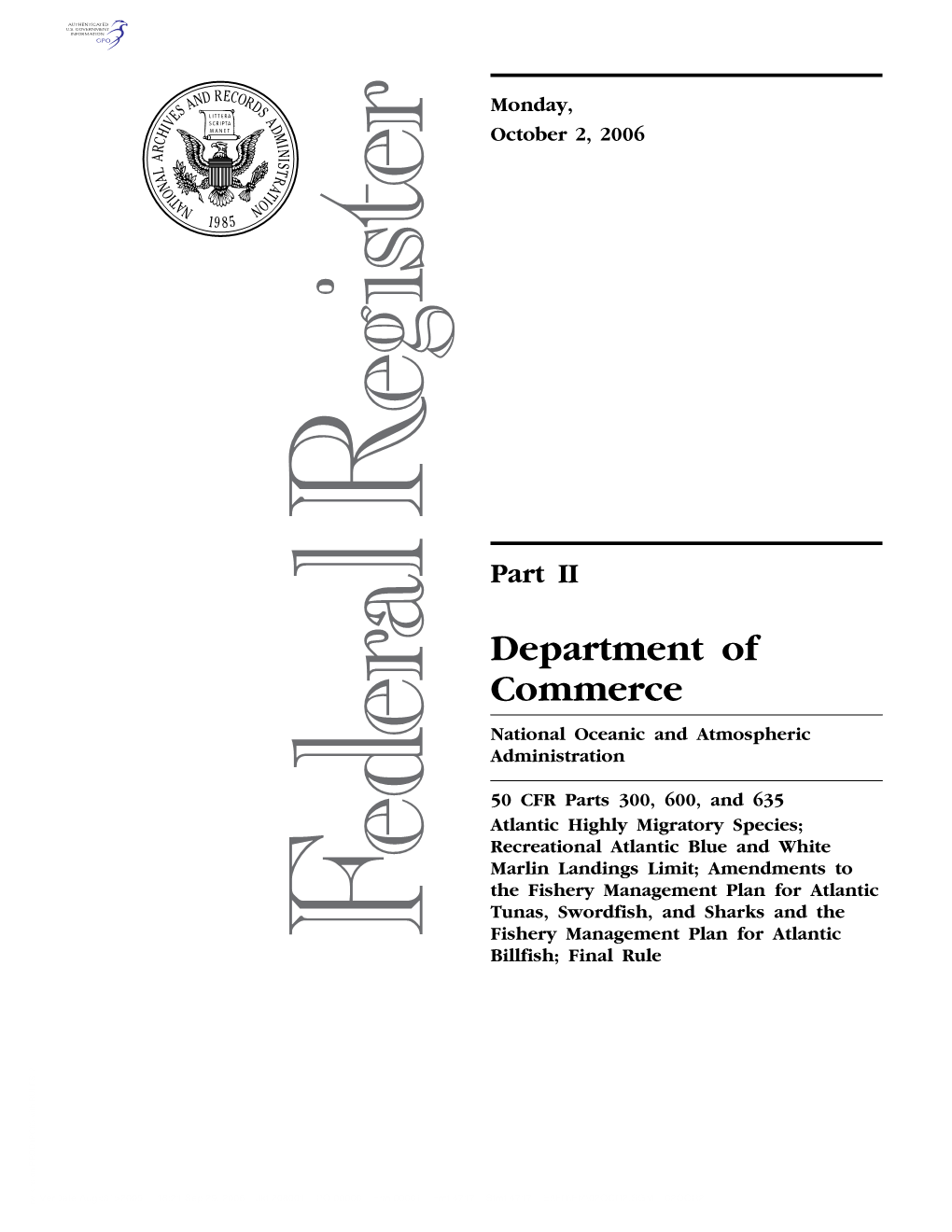 Department of Commerce National Oceanic and Atmospheric Administration