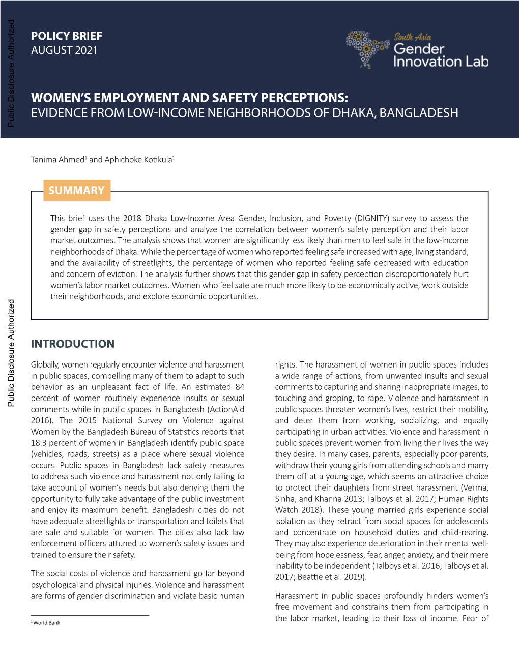 Women's Employment and Safety Perceptions: Evidence From