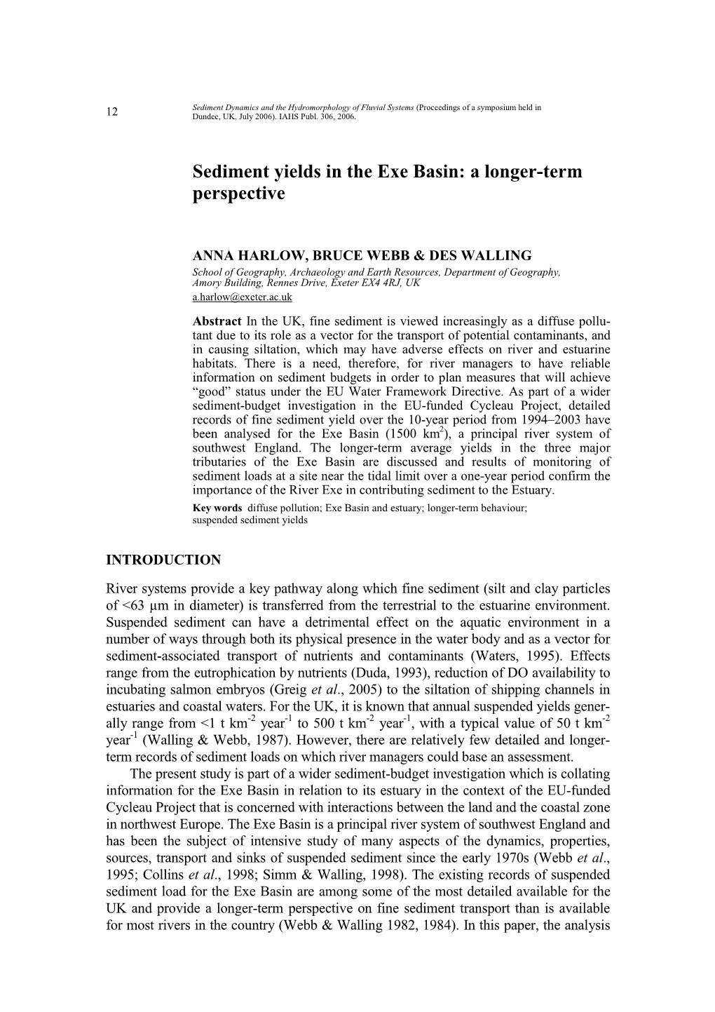 Sediment Yields in the Exe Basin: a Longer-Term Perspective