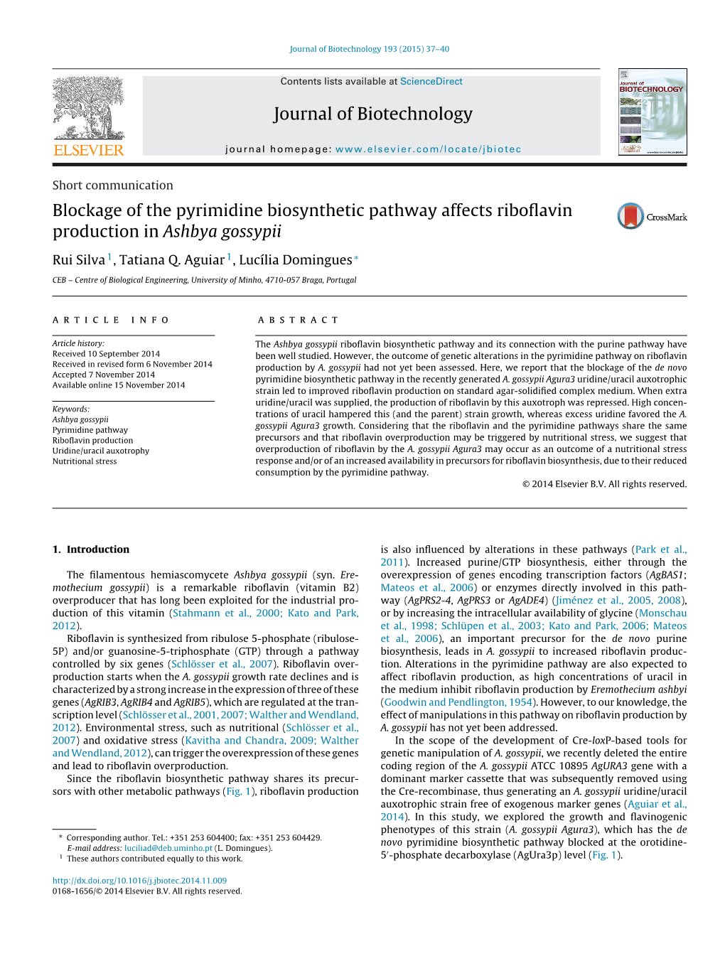 Journal of Biotechnology 193 (2015) 37–40