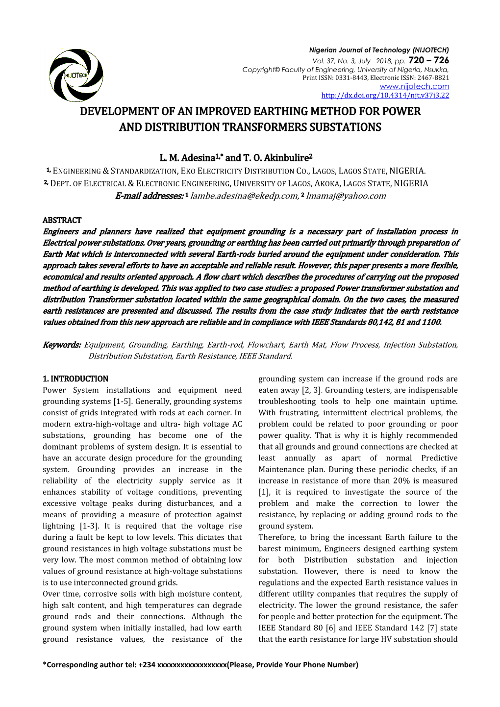 Development of an Improved Earthing Method for Power and Distribution Transformers Substations