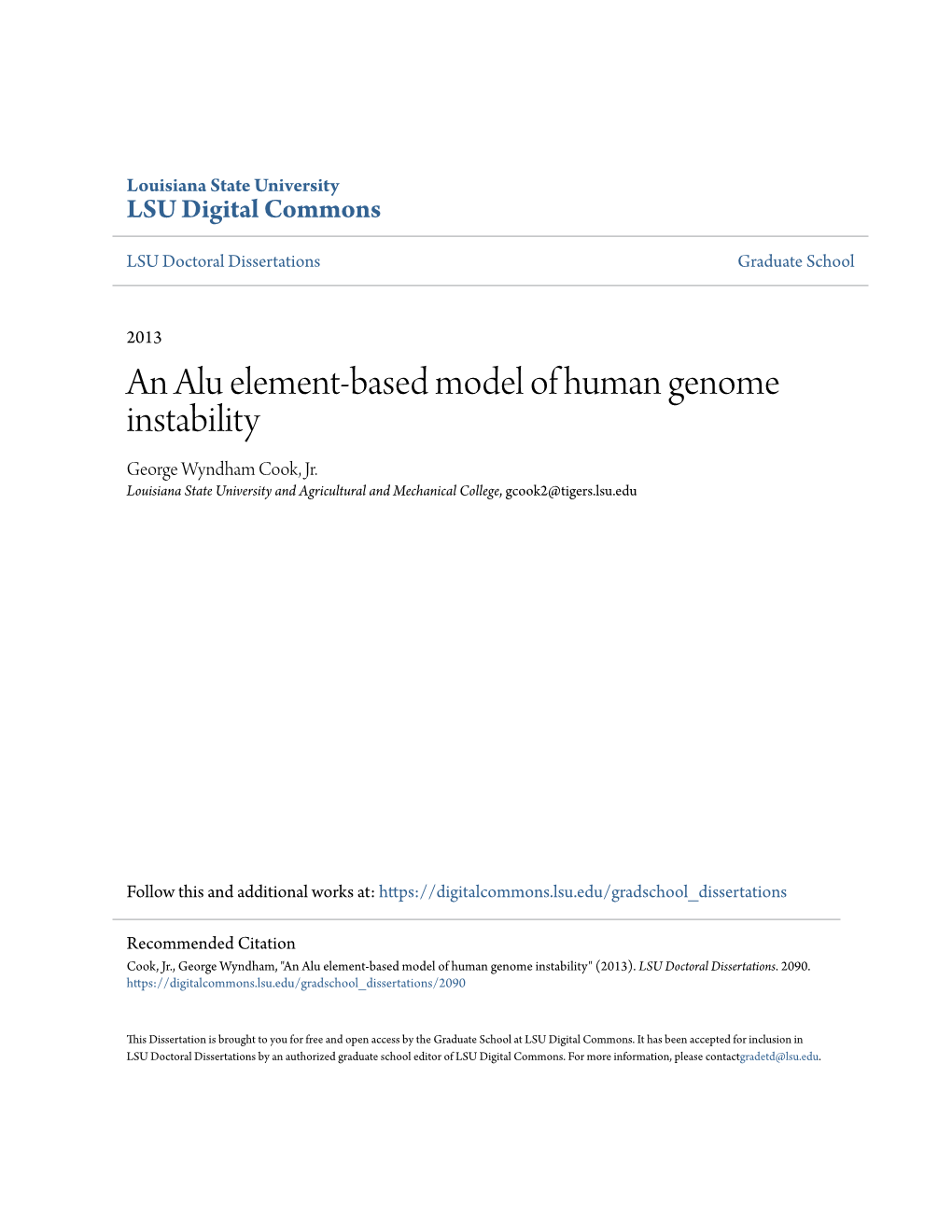 An Alu Element-Based Model of Human Genome Instability George Wyndham Cook, Jr