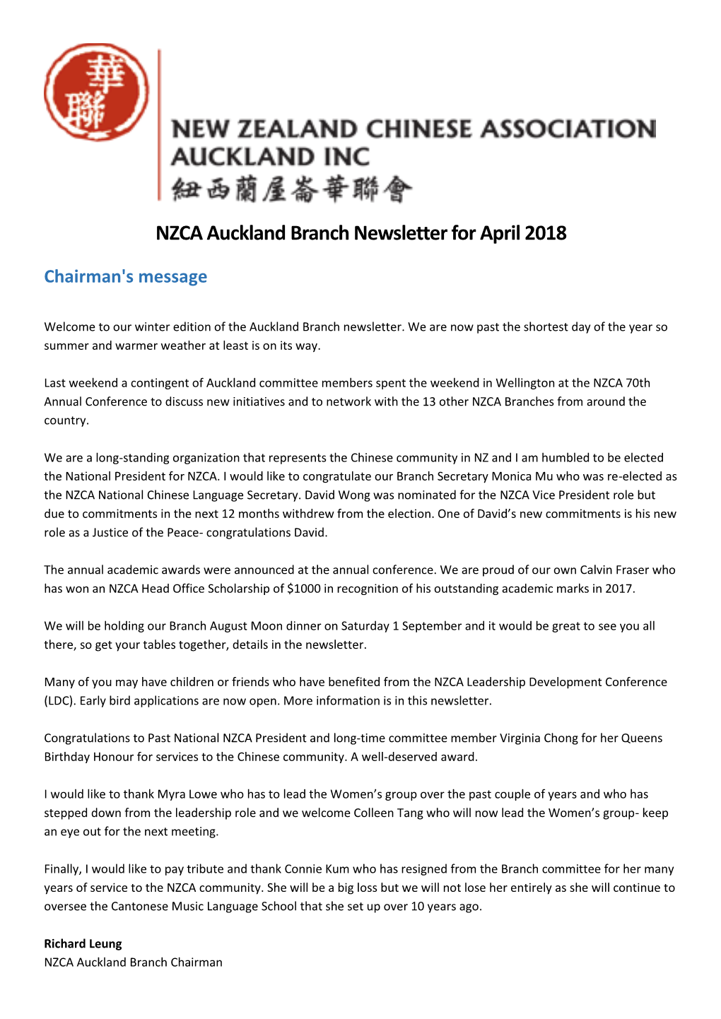 NZCA Auckland Branch Newsletter for April 2018