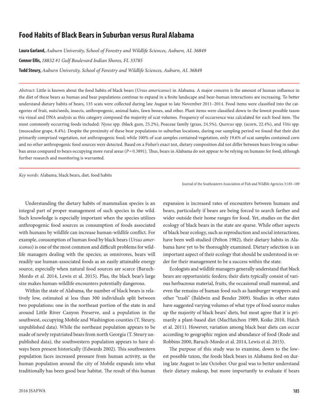 Food Habits of Black Bears in Suburban Versus Rural Alabama