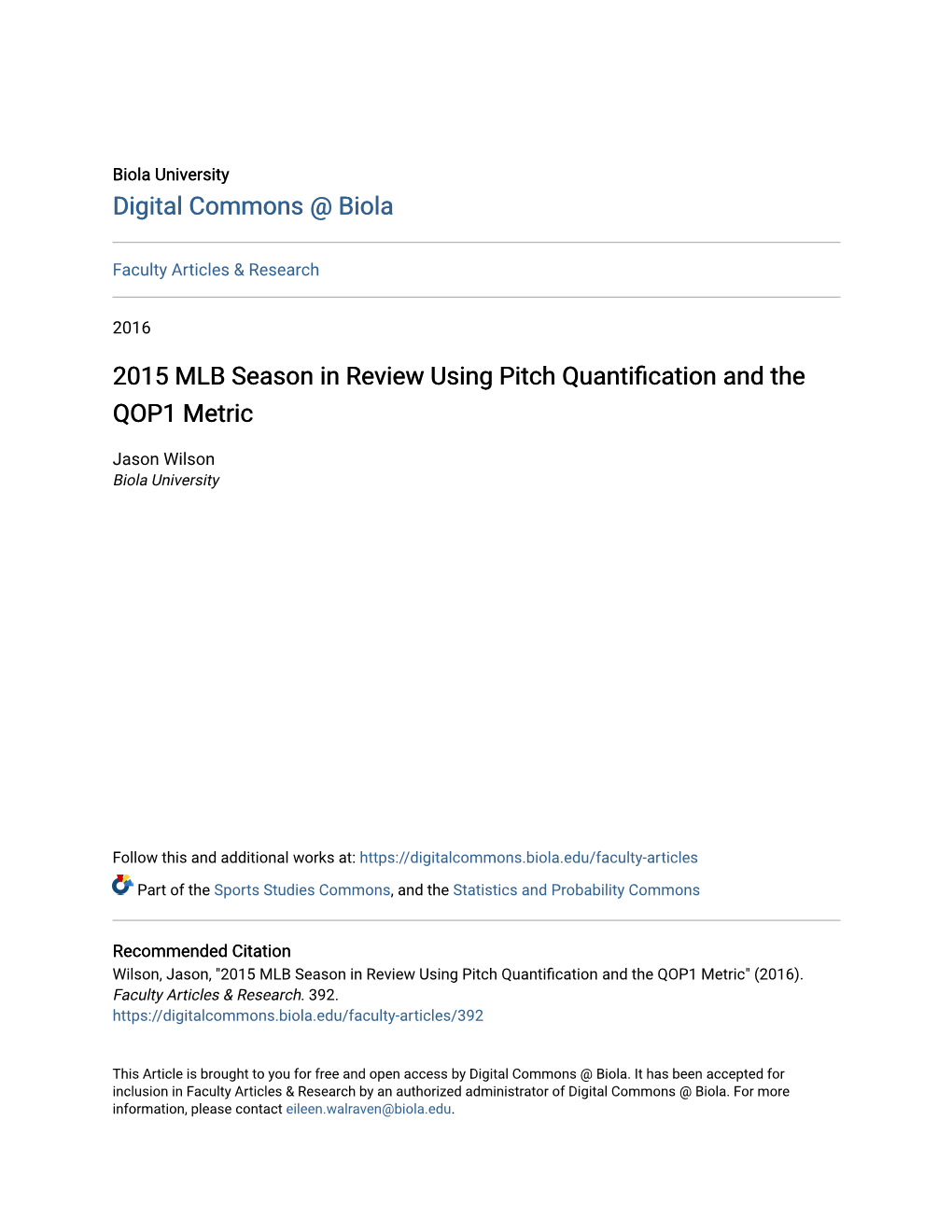 2015 MLB Season in Review Using Pitch Quantification and the QOP1 Metric