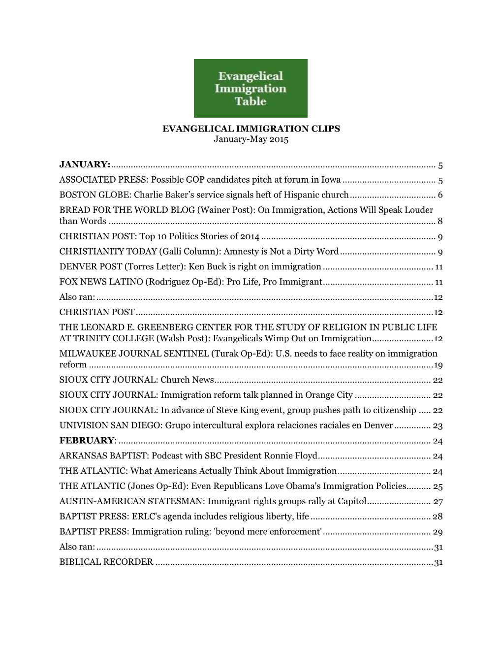 EVANGELICAL IMMIGRATION CLIPS January-May 2015 JANUARY