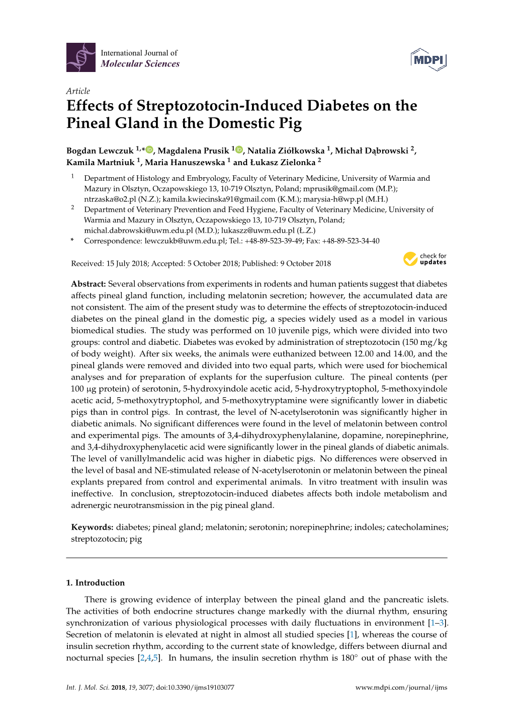 Effects of Streptozotocin-Induced Diabetes on the Pineal Gland in the Domestic Pig