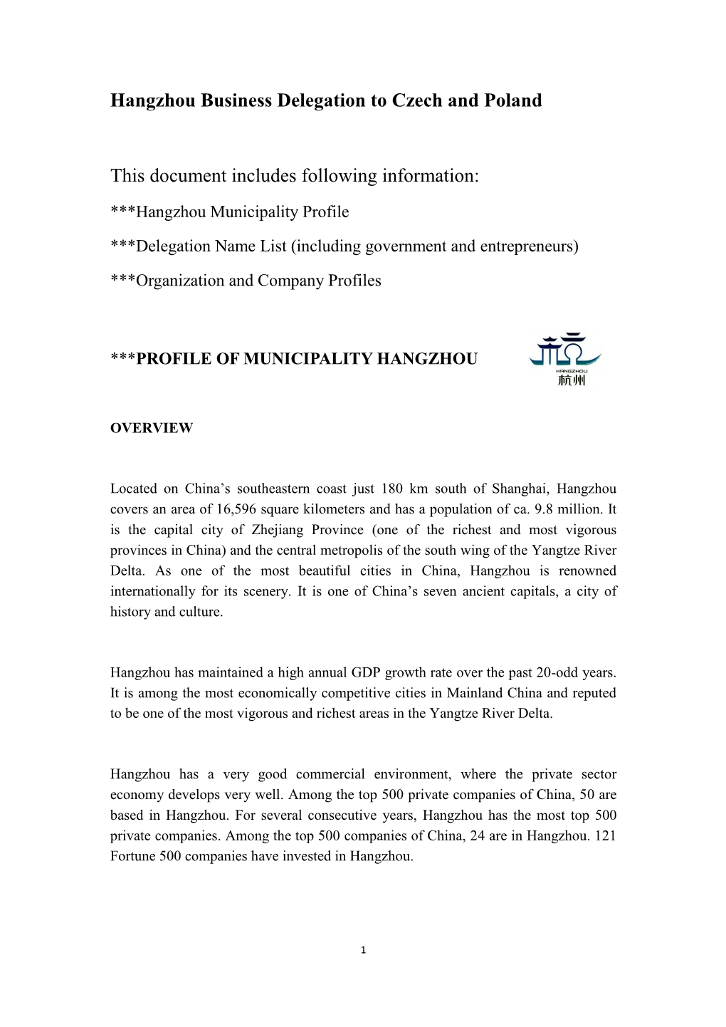 Hangzhou Business Delegation to Czech and Poland This Document