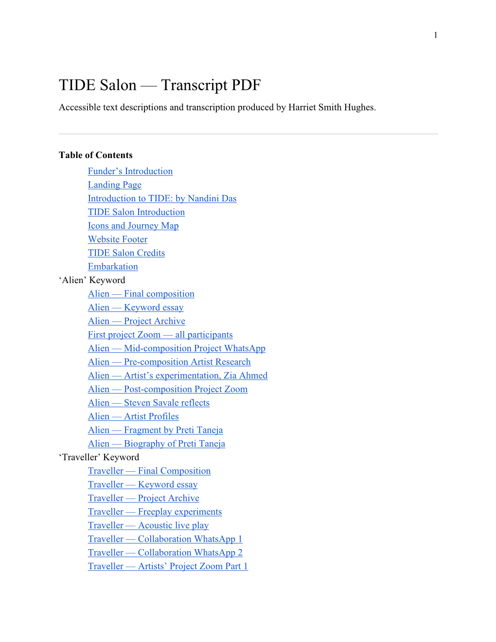 TIDE Salon — Transcript PDF Accessible Text Descriptions and Transcription Produced by Harriet Smith Hughes