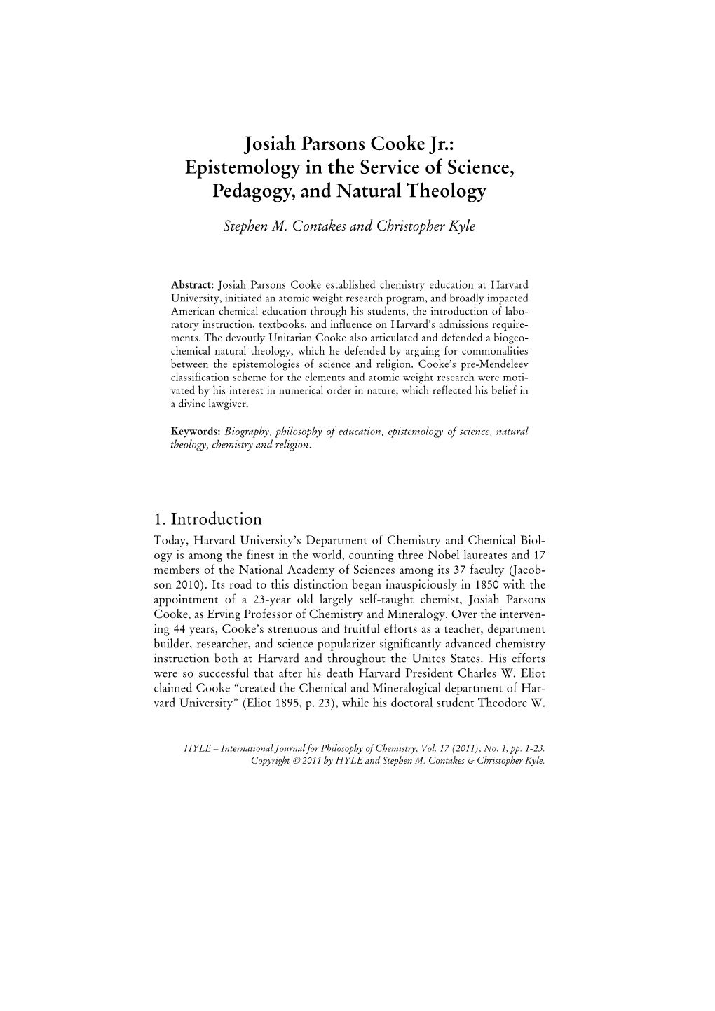 Josiah Parsons Cooke Jr.: Epistemology in the Service of Science, Pedagogy, and Natural Theology