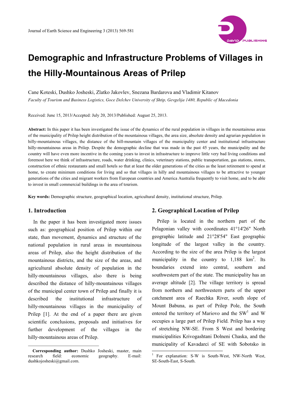 Demographic and Infrastructure Problems of Villages in the Hilly-Mountainous Areas of Prilep