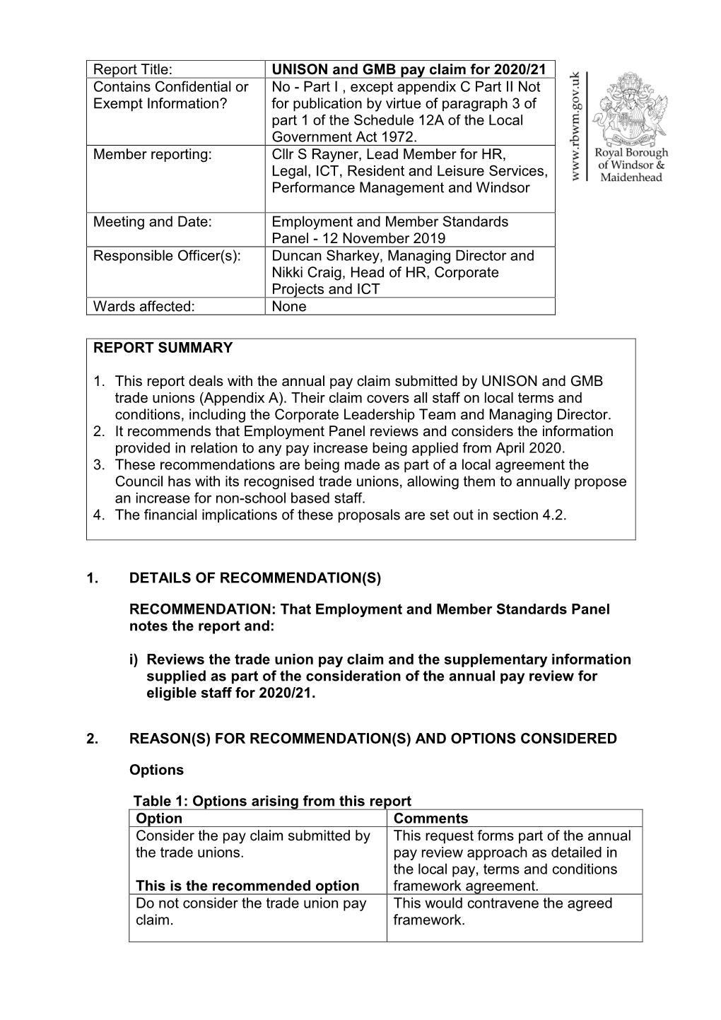 UNISON and GMB Pay Claim for 2020/21 Contains Confidential Or