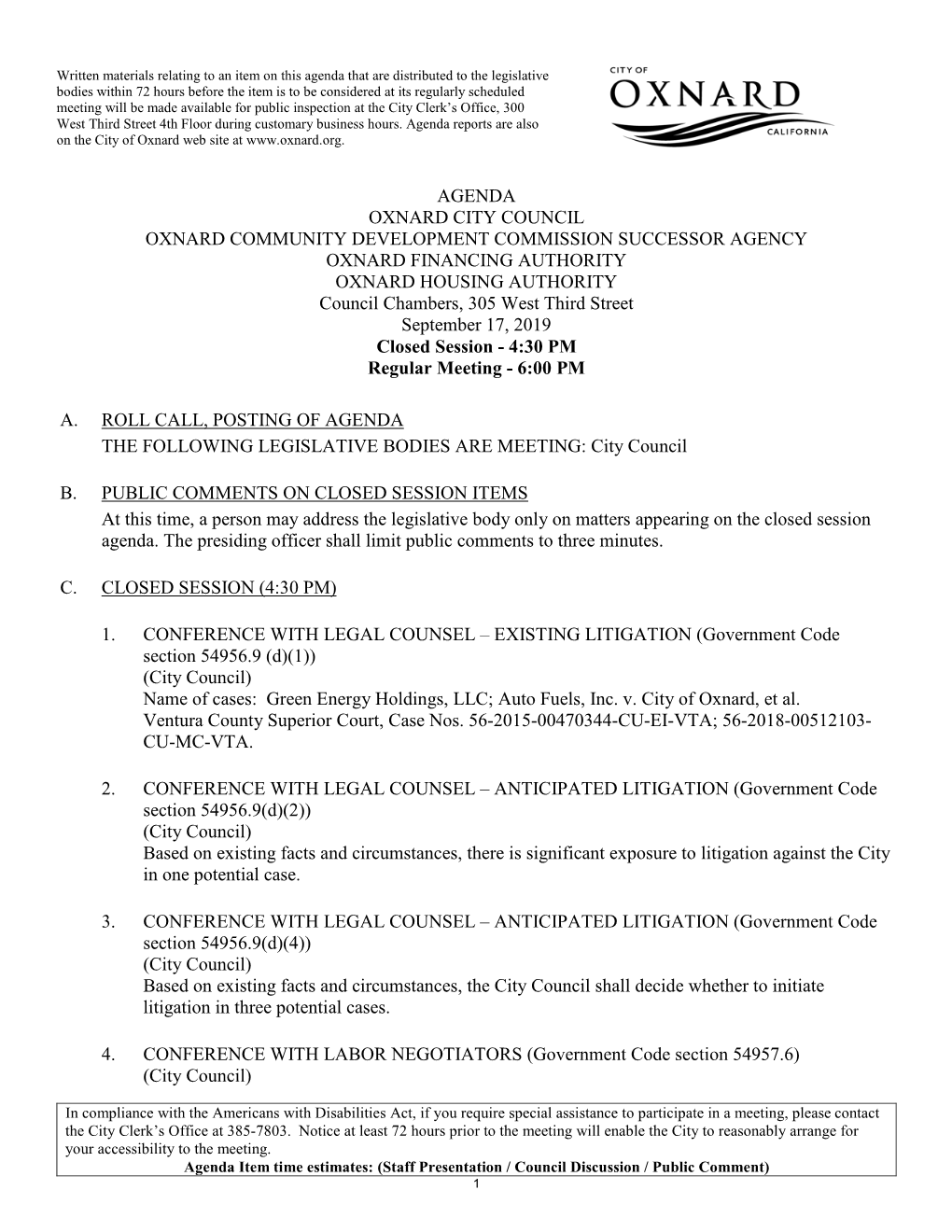 Agenda Oxnard City Council Oxnard Community