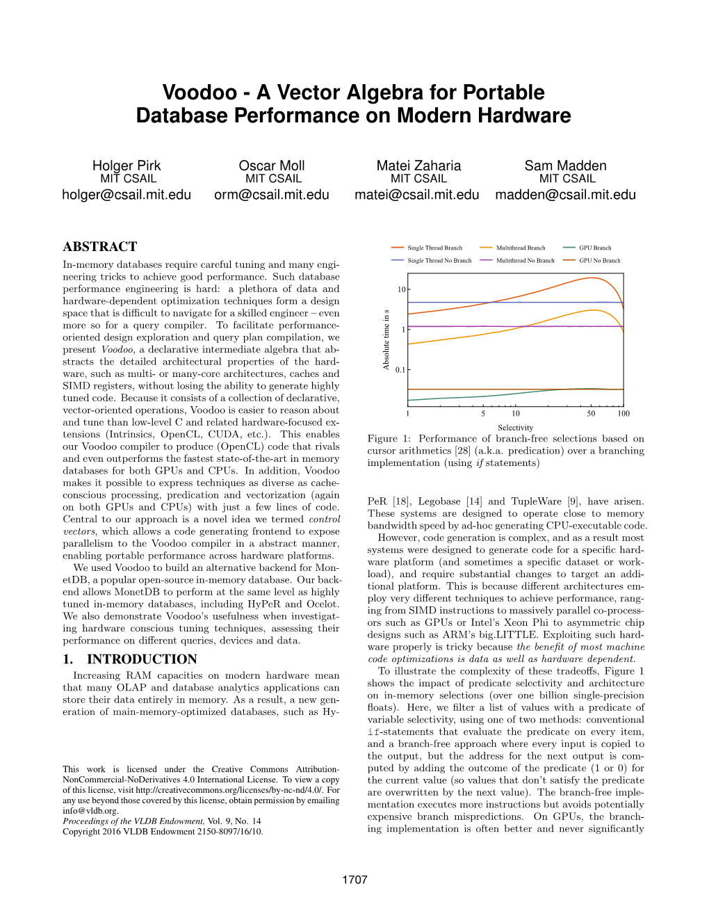 Voodoo - a Vector Algebra for Portable Database Performance on Modern Hardware