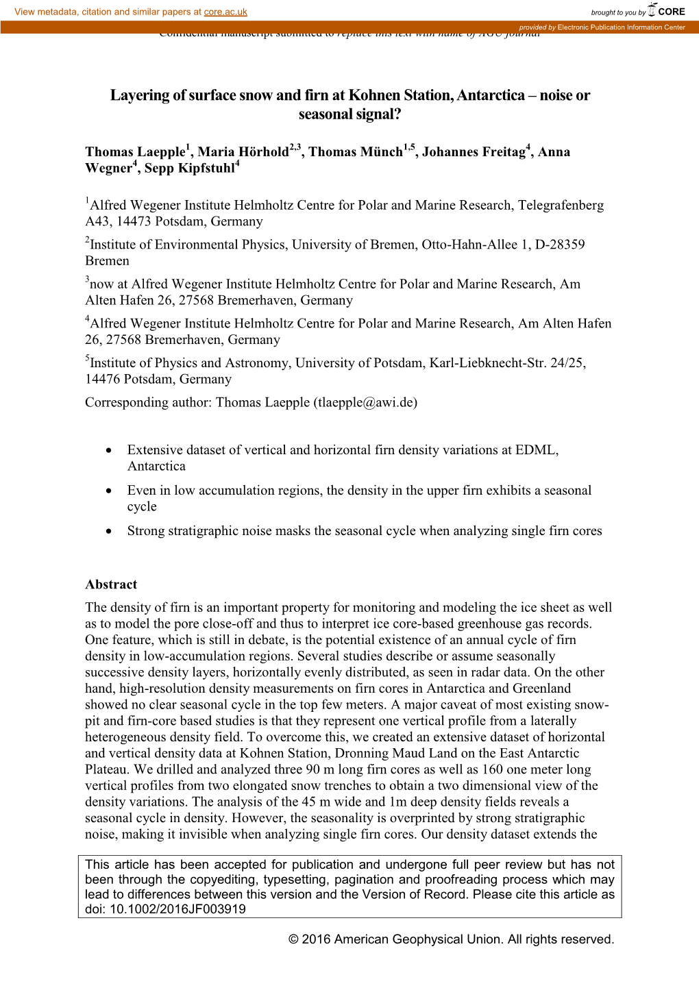 Layering of Surface Snow and Firn at Kohnen Station, Antarctica – Noise Or Seasonal Signal?