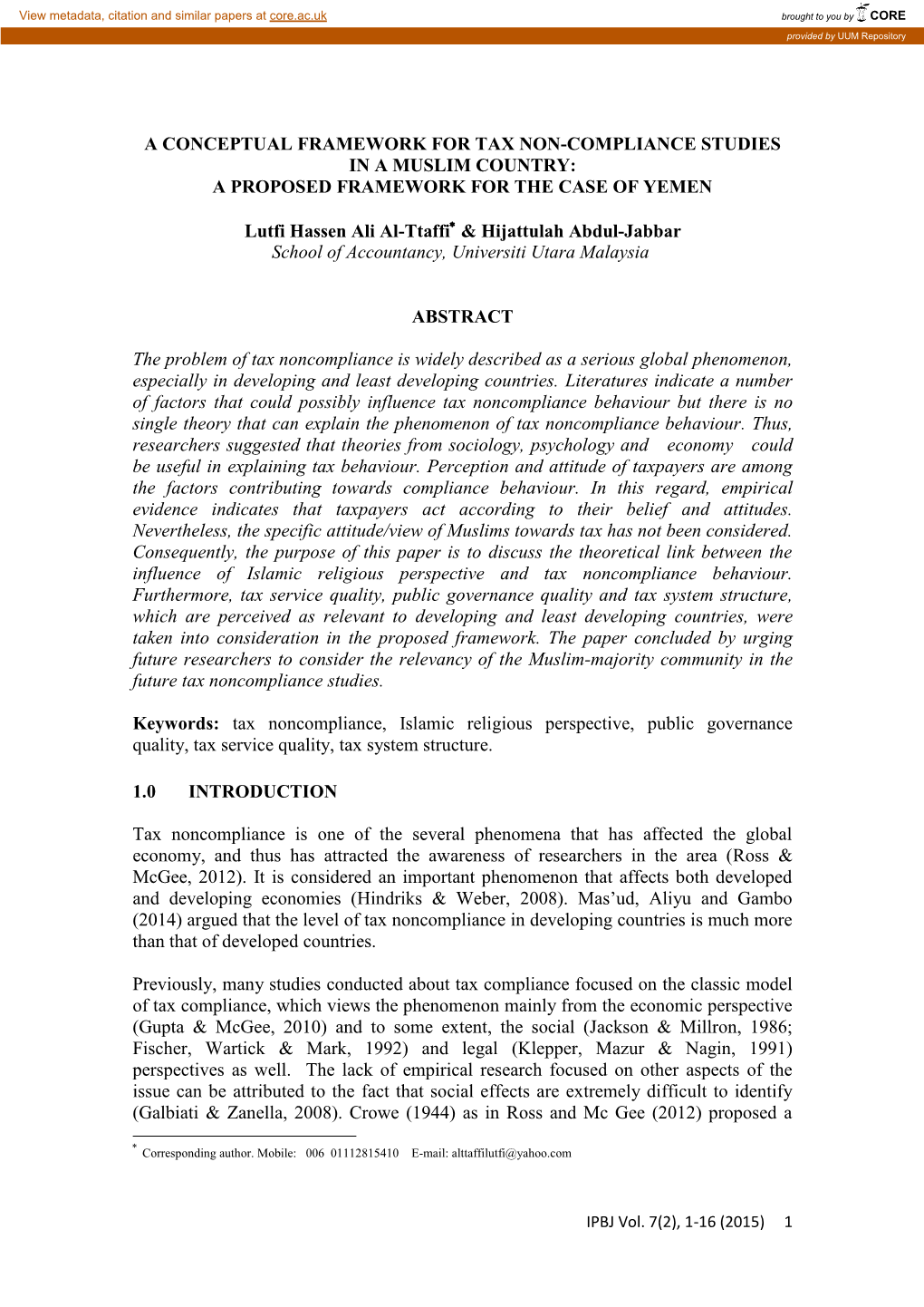 A Conceptual Framework for Tax Non-Compliance Studies in a Muslim Country: a Proposed Framework for the Case of Yemen